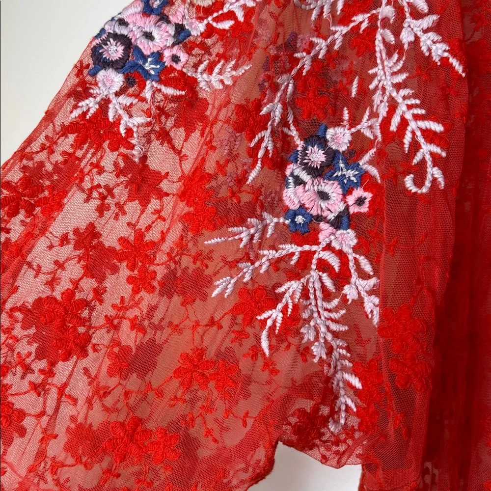 Free People red jubilee floral embroidered sheer peasant top size small - Picture 7 of 12